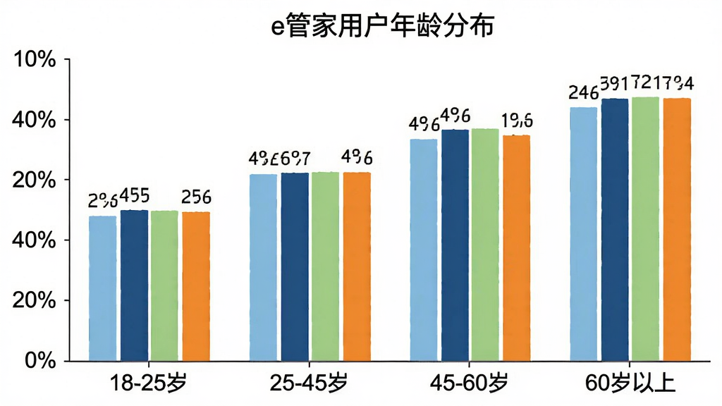 柱状图,横轴为年龄段“18-25岁”“25-45岁”“45-60岁”“60岁以上”,纵轴为用户占比百分比,柱子颜色分别为浅蓝、深蓝、浅绿、橙色,柱子上方标注具体百分比数值,图表标题为“e管家用户年龄分布”,背景白色,风格简洁清晰,画质干净,无多余元素。