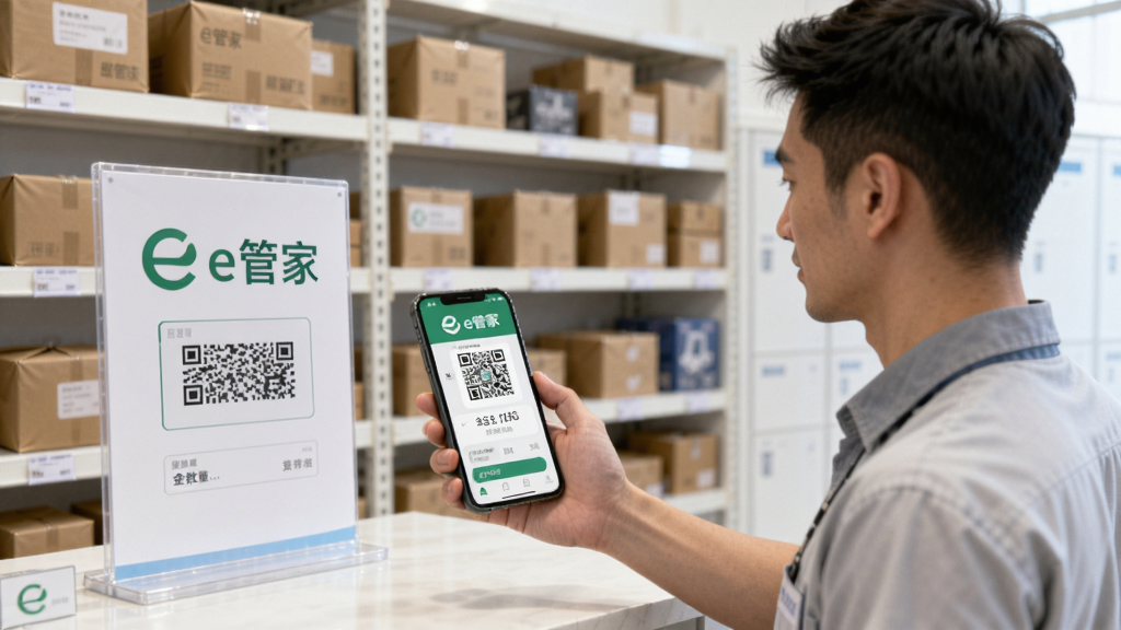 快递驿站场景,一位男士拿着手机向工作人员出示“e管家”App的取件二维码,手机屏幕显示取件码和包裹数量,背景是整齐的快递货架,有“e管家”标识的提示牌,画面明亮,风格写实,画质干净,无多余元素。