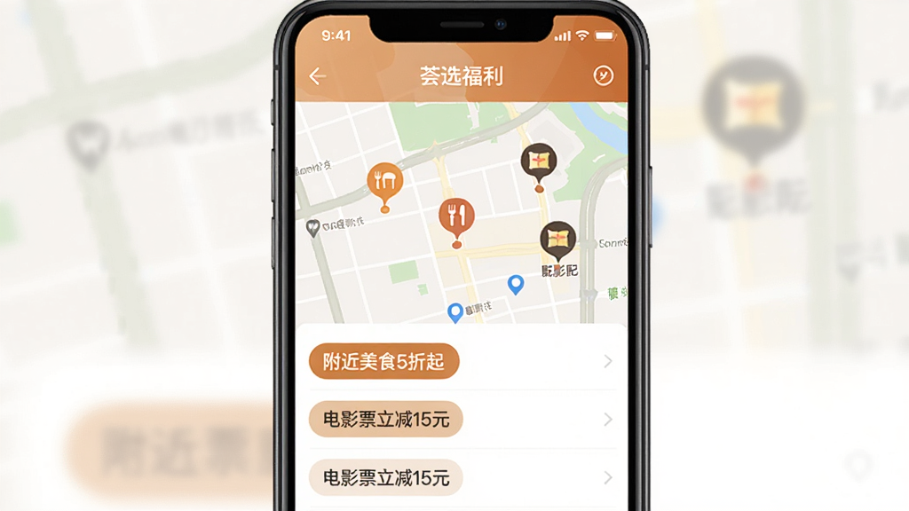 手机界面截图风格,展示“荟选福利”本地生活页面,地图上标注着餐厅和电影院图标,下方列表显示“附近美食5折起”“电影票立减15元”等标签,配色温暖,布局清晰,风格生活化,画质干净无多余元素