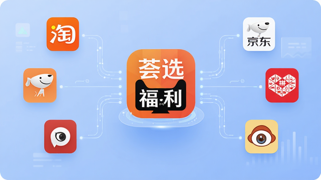 一张信息图风格的插画,主体是“荟选福利”应用图标悬浮在中央,四周连接着淘宝、京东、拼多多等电商平台的简化图标,数据线条汇聚到中央,背景是柔和的渐变蓝,布局对称,风格现代科技感,细节清晰,画质干净无多余元素