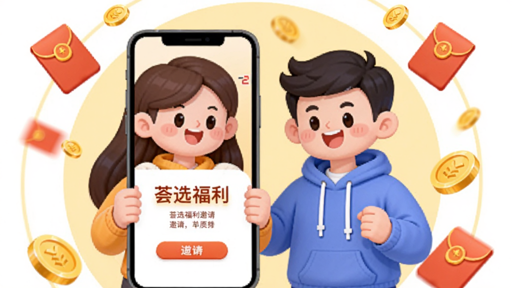两个卡通人物拿着手机,手机屏幕显示“荟选福利”邀请页面,人物周围有红包和金币飘落,背景是淡黄色圆形图案,风格活泼可爱,布局居中,细节丰富,画质干净无多余元素