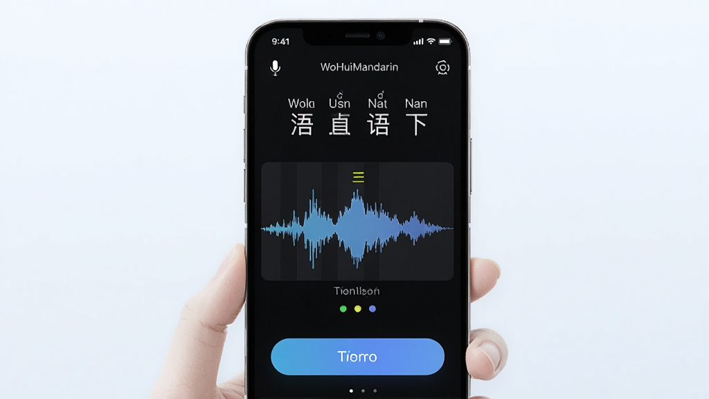 AI生图,画面主体是一个手机屏幕特写,屏幕显示WoHuiMandarin的语音跟读界面,上面有波形对比图和发音评分,布局为顶部是汉字拼音,中间是波形,底部是评分按钮,风格科技感十足,细节带有麦克风图标和声调符号,画质清晰明亮。