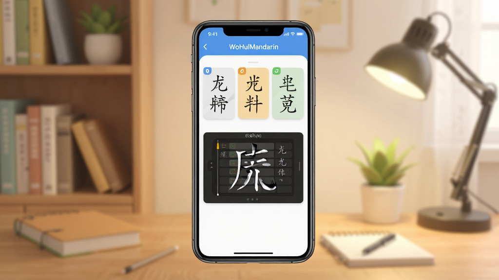 一张展示WoHuiMandarin软件主界面的图片,画面中央是手机屏幕,屏幕内显示拼音学习卡片和汉字书写动画,背景是温馨的书房环境,布局简洁明了,风格现代扁平化,细节清晰,画质干净无多余元素。