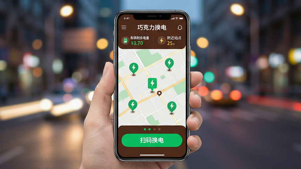 һ��չʾ���ɿ������硱�ֻ�Ӧ���������ͼƬ������������һ���ֳ������ֻ�����Ļ��ʾ�š��ɿ������硱�ĵ�ͼ���棬��ͼ�ϱ�ע�Ŷ������վ��ͼ�꣬�ײ��С�ɨ�뻻�硱��ť��������ʾ����ʣ������͸���վ�������������ǳ��нֵ����黯��Ӱ��������Ϊ�ִ���ƽ��UI��ƣ�ɫ�����ɿ����غ�������Ϊ����ϸ�����������ʸɾ����޶���Ԫ��