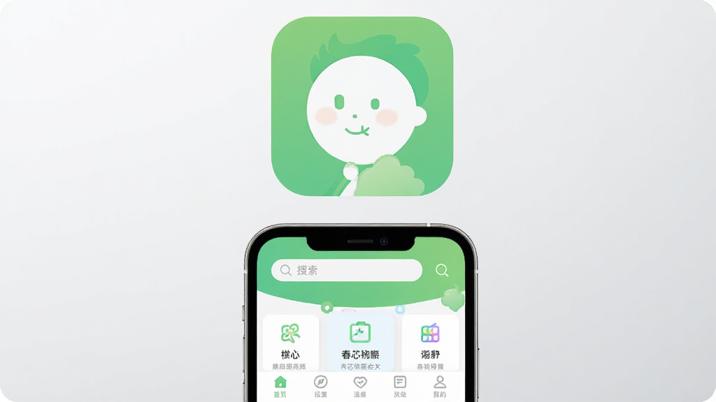 ���������Ǵ�оApp��ͼ�꣬ͼ����Ƽ�����죬��ǳ��ɫ�Ͱ�ɫΪ��ɫ����ͼ���·����ֻ���Ļչʾ��оApp�������棬���沼����ˬ�����������������м��ǹ��ܿ�Ƭʽ���У��ײ��ǵ��������������ִ���ƽ�������ʸɾ��������޶���Ԫ�أ�����Ϊǳ��ɫ���䡣