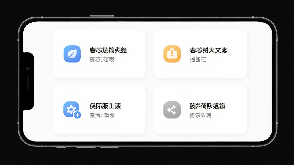 ����չʾ��оApp�Ĺ���ģ����棬�ֻ���Ļ������ʾ�������ܿ�Ƭ�������У�ÿ����Ƭ���м���ͼ�������˵��������Ϊ����ɫ��������ɾ����䣬�����������޶���װ��Ԫ�أ�������ֳ��ִ��������ƸС�
