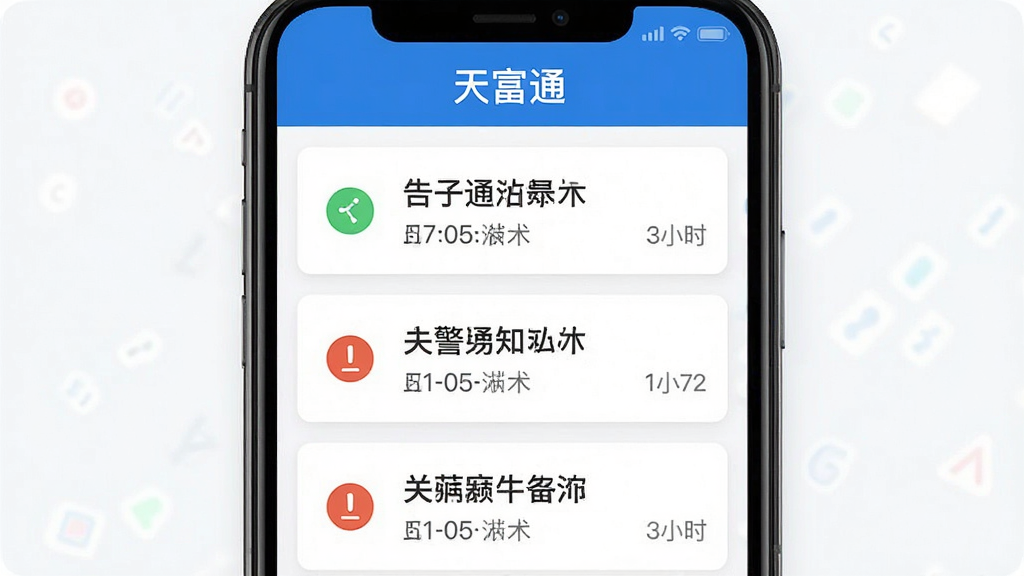 一张天富通App设备告警通知界面的生图。主体是手机屏幕显示通知列表,屏幕顶部有“天富通”文字。布局为纵向排列的告警卡片,每条卡片左侧有状态图标,右侧有文字说明和时间。排版整齐,风格清爽,细节明确,画质干净,无多余元素。