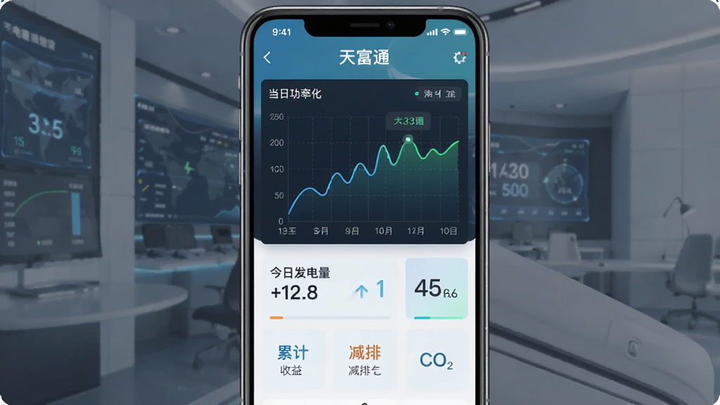 一张天富通App电站数据监控页面的生图。主体是手机屏幕显示发电功率曲线图,屏幕上方有“天富通”文字。布局为上方折线图展示当日功率变化,下方排列今日发电量、累计收益、减排CO三个数据卡片。排版纵向排列,风格简洁科技感,细节清晰,画质干净,无多余元素。