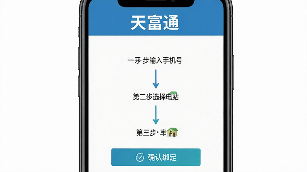 一张天富通App电站绑定流程示意图的生图。主体是手机屏幕显示绑定页面,屏幕上方有“天富通”文字。布局为纵向步骤条,第一步输入手机号,第二步选择电站,第三步确认绑定。排版清晰,风格简洁,细节明确,画质干净,无多余元素。