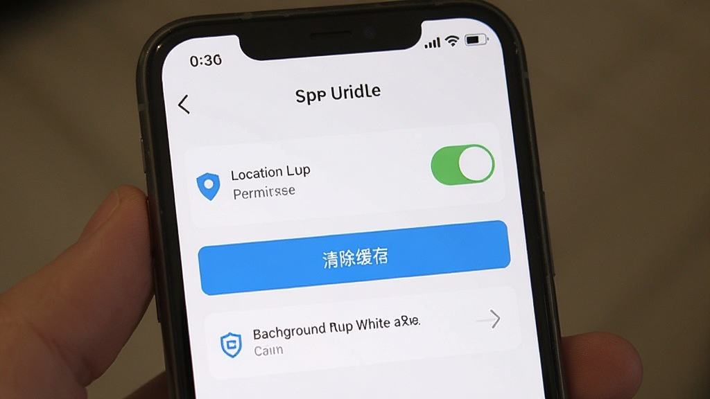 一张手机屏幕显示附近单身约会App设置界面的截图,界面里有定位权限开关、清除缓存按钮、后台运行白名单选项,画面清晰,风格简洁,带有手机状态栏