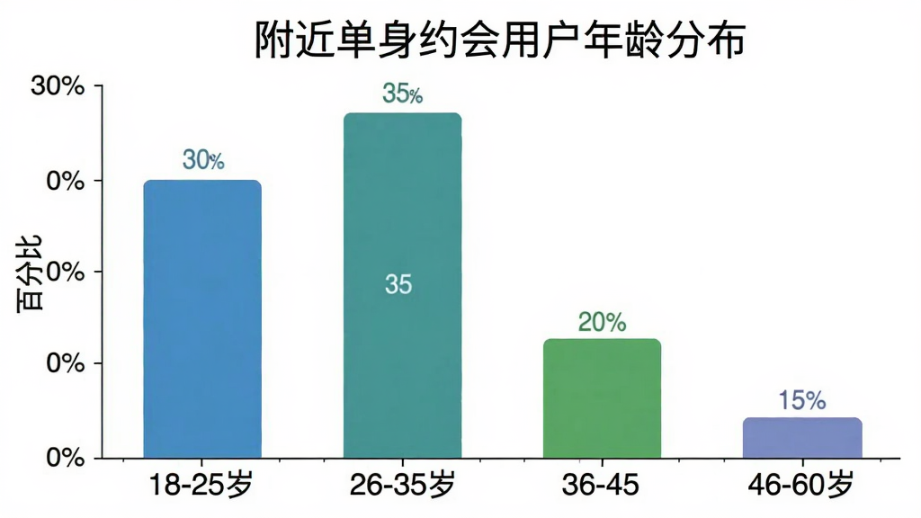 一张柱状图,标题为附近单身约会用户年龄分布,横轴标注18-25岁、26-35岁、36-45岁、46-60岁,纵轴标注百分比,柱状图显示18-25岁占比约30%,26-35岁占比约35%,36-45岁占比约20%,46-60岁占比约15%,风格简洁,数据清晰