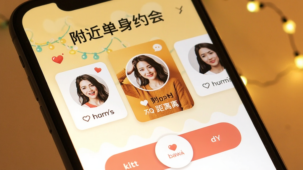 一张手机屏幕特写,屏幕上显示着附近单身约会App的主界面,界面顶部写着附近单身约会,中间是用户头像卡片和距离显示,底部有滑动操作按钮,背景是温馨的暖色调,风格轻松活泼,画质清晰,无多余元素