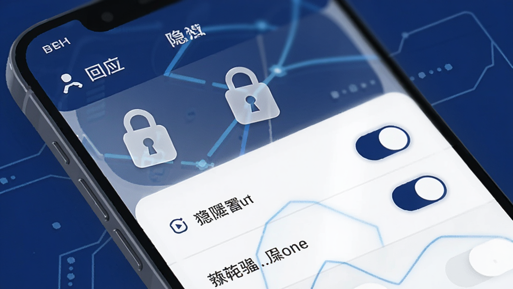 一张手机安全隐私设置界面的插画,画面展示“回应”应用中的隐私选项页面,有锁形图标和开关按钮,配色以深蓝和白色为主,布局清晰,风格科技感,画质干净,无多余元素