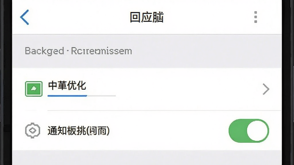 一张手机设置界面的插画,画面显示“回应”应用的后台权限管理页面,有电池优化和通知权限的开关选项,配色清晰,风格简洁,画质干净,无多余元素