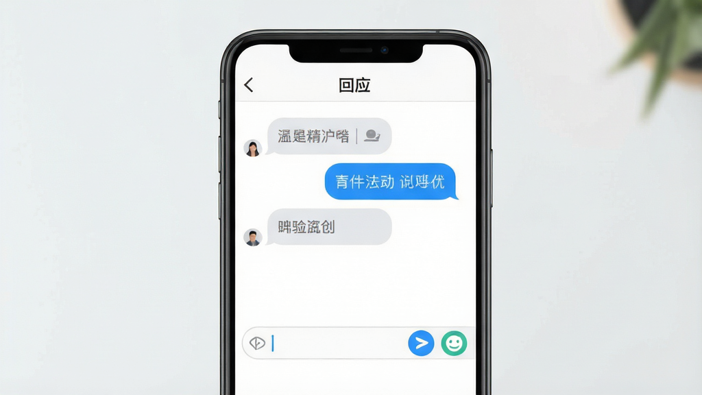 一张聊天软件功能展示图,画面主体是手机界面,屏幕上方显示“回应”应用名称,中间展示消息气泡和输入框,右侧有发送按钮和表情图标,布局简洁,风格清新,画质干净,无多余元素