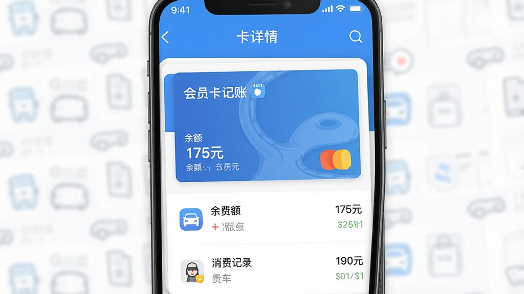 一张手机界面截图,展示会员卡记账应用中的卡片详情页,画面中央是一张虚拟的洗车会员卡,卡片上显示「会员卡记账」字样,下方有余额「175元」和消费记录列表,界面风格简洁,蓝白配色,图标清晰,画质干净无多余元素