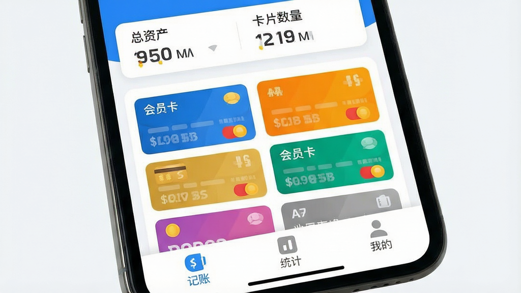 一张手机屏幕展示会员卡记账应用的主界面,画面中央是软件名称「会员卡记账」,界面设计简洁,顶部显示总资产和卡片数量,中间是几张不同颜色的会员卡列表,底部有记账、统计和我的三个图标,整体风格现代扁平,色调以蓝白为主,细节圆润,画质干净清晰,无多余元素