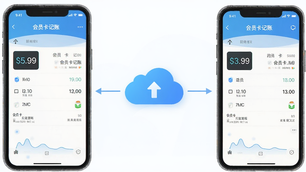 一张示意图,展示两台手机通过云端同步会员卡记账的数据,画面左侧是一部手机显示「会员卡记账」的记账界面,右侧是另一部手机显示同样的数据,中间用云朵图标连接,背景简洁,科技感适中,画质干净无多余元素