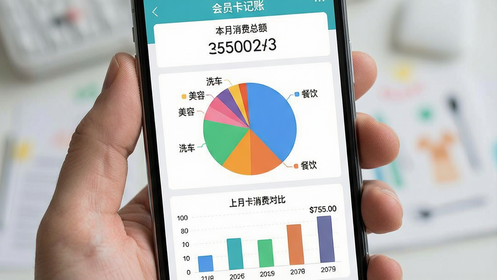 一张手机屏幕展示会员卡记账应用的统计页面,画面中央是软件名称「会员卡记账」,页面顶部显示本月消费总额,下方是一个彩色的饼状图,标注着餐饮、美容、洗车等分类,底部有柱状图对比上月消费,界面风格现代扁平,数据清晰,画质干净无多余元素