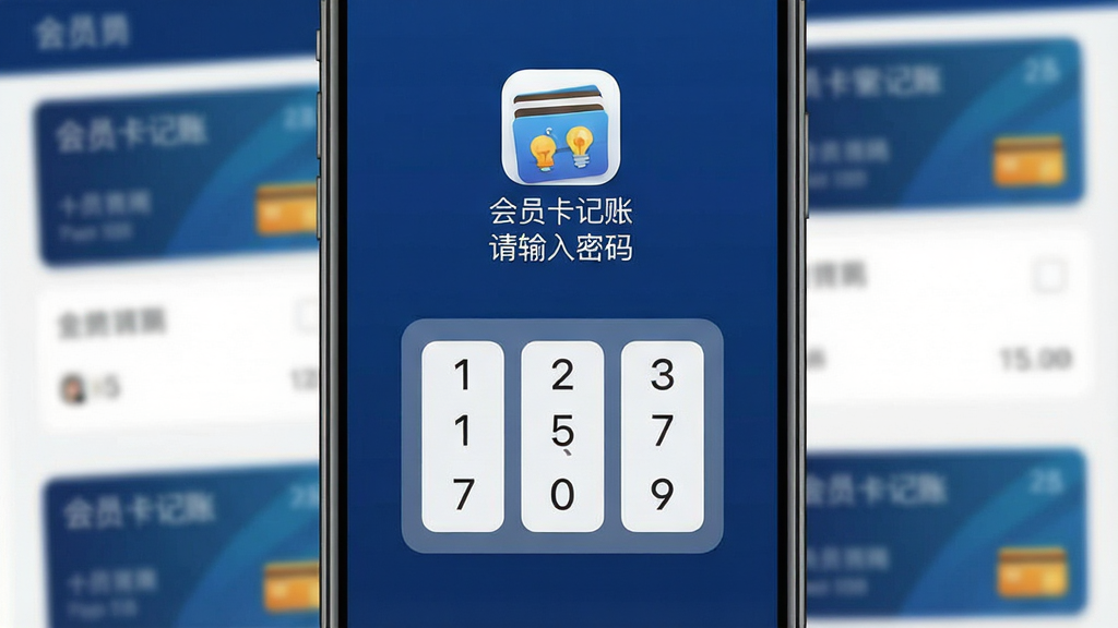 一张手机屏幕展示会员卡记账应用的安全锁界面,画面中央是一个四位数字密码输入框,上方有「会员卡记账」的图标和「请输入密码」字样,背景是模糊的卡片列表,整体风格简洁安全,色调偏深蓝,画质干净无多余元素