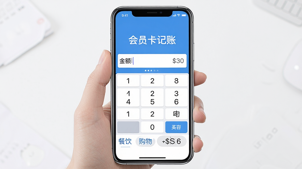 一张手机屏幕展示会员卡记账应用的记账操作界面,画面中央是软件名称「会员卡记账」,界面上有一个数字键盘和一个金额输入框,下方有「餐饮」「购物」「美容」等分类标签,用户正在输入金额,整体风格简洁直观,蓝白配色,画质干净无多余元素