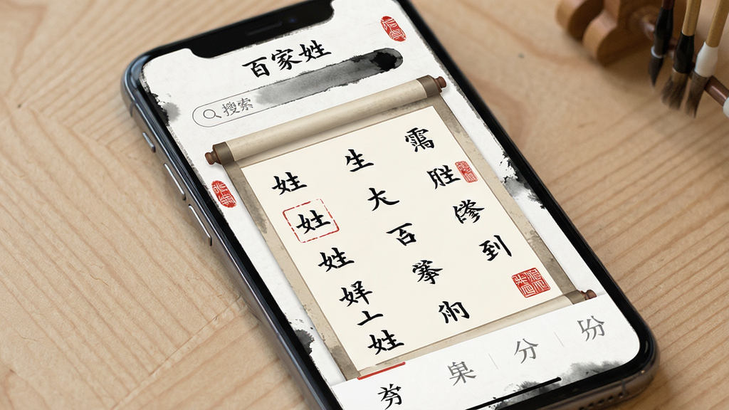 一张手机屏幕展示“百家姓”应用主界面的图片,主体是一个中国风姓氏查询界面,布局为顶部搜索框,中间是百家姓卷轴式列表,底部有分类导航,排版简洁清晰,风格采用中国风水墨与扁平化结合,细节有姓氏文字和印章元素,画质高清干净无多余元素