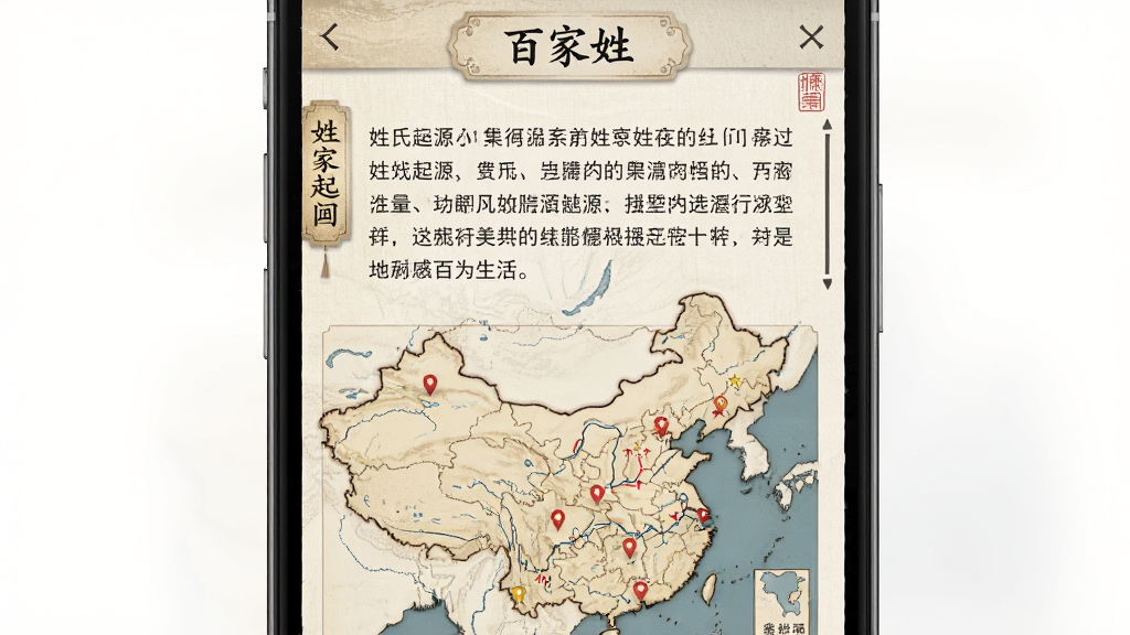 一张展示“百家姓”应用内姓氏详情页面的图片,主体是手机屏幕上一段关于姓氏起源的文字介绍和一张迁徙地图,布局为上半部分文字下半部分地图,排版错落有致,风格为古风书卷UI,细节有年代标签和地理位置标记,画质清晰干净无多余元素