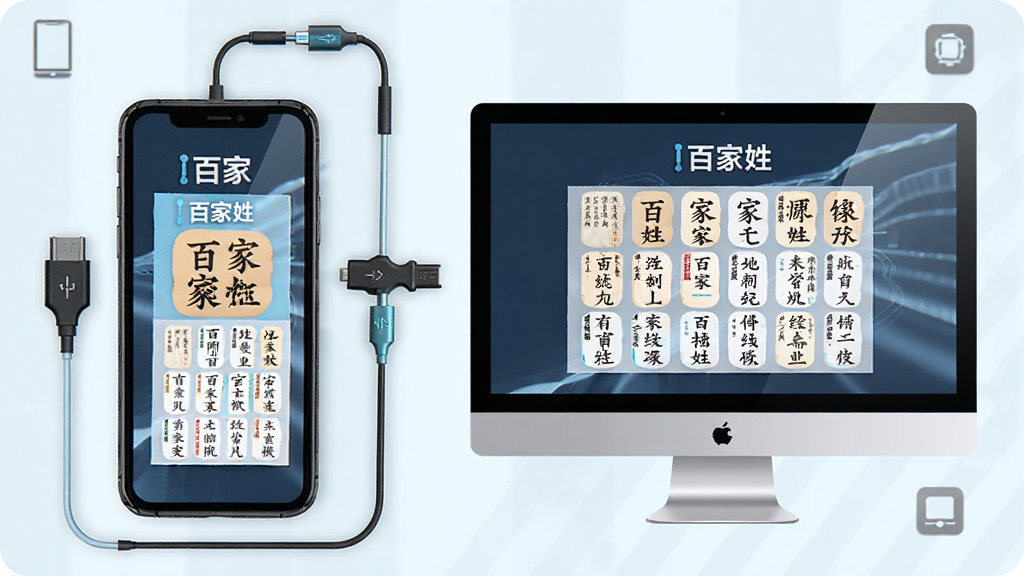 一张展示“百家姓”应用在手机和电脑模拟器上同时运行的图片,主体是手机屏幕和电脑屏幕并排显示相同界面,布局为左右对比,排版整齐,风格为科技展示风,细节有连接线和设备图标,画质清晰干净无多余元素