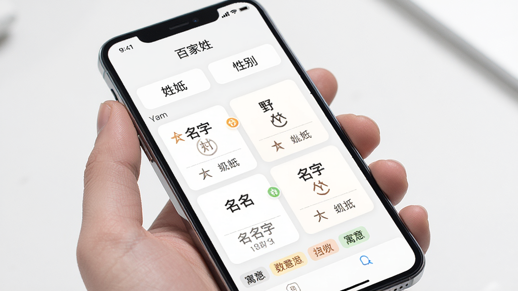 一张展示“百家姓”应用内起名参考功能的图片,主体是手机屏幕上一个名字生成器界面,布局为上方选择姓氏和性别,中间是名字列表,下方有寓意标签,排版干净利落,风格为现代简约风,细节有姓名卡片和五行图标,画质高清干净无多余元素