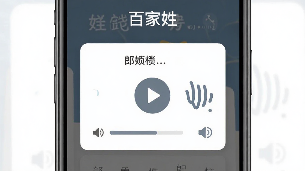 一张展示“百家姓”应用语音朗读功能的图片,主体是手机屏幕上一个姓氏卡片旁边有个播放按钮,布局为卡片居中和声波图标,排版简洁,风格为扁平化设计,细节有音量条和发音图标,画质干净无多余元素