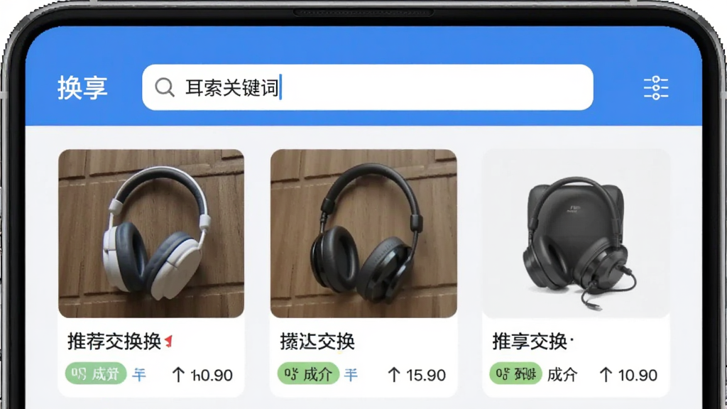 ����Ӧ��������ƥ�书�ܽ��棬�ֻ���Ļ��ʾ����APP��ƥ��ҳ�棬�Ϸ�����������������ؼ��ʣ��·�չʾ�����Ƽ���������Ʒ��Ƭ��ÿ����Ƭ������ƷͼƬ�����ơ���ɫ��ǩ�;�����Ϣ�������Ű����룬������ɫ����ƽ����ƣ������������޶���Ԫ��