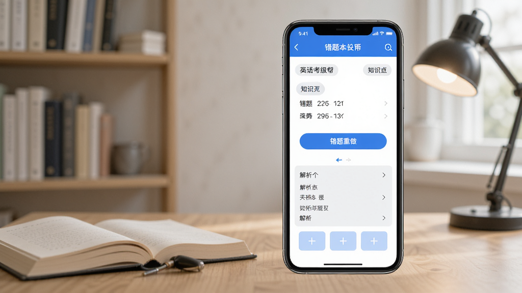 Ӣ�￼����App���Ȿ��ϰ����չʾ���ֻ���Ļ����ʾӢ�￼����Ĵ����б���֪ʶ���ǩ����������������ť�ͽ���չ�����򣬱���Ϊ�鷿��������������������Լ��������ɫ�����ʸɾ��޶���Ԫ��