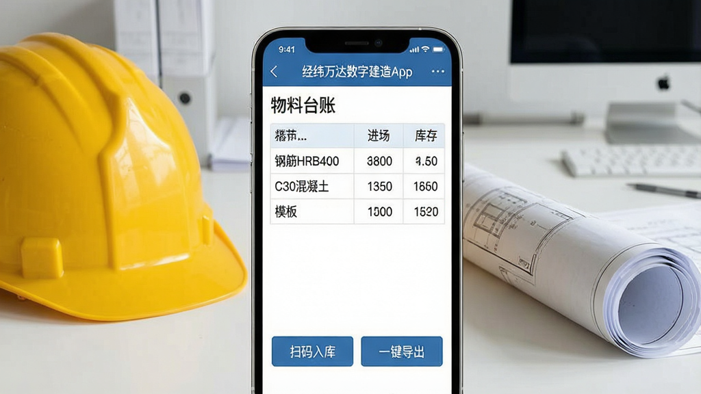 һ��չʾ��γ������ֽ���App���Ϲ������ܵĽ����ͼ���ͼ����������Ϊ�ֻ���Ļ��д����Ļ����ʾ����̨�˱��񣬰������ֽ�HRB400����C30����������ģ�塱����Ŀ����Ӧ�Ľ�����������������������·��С�ɨ����⡱�͡�һ��������������ť���ֻ��Ա߷���һ����ɫ��ȫñ��һ��ͼֽ�������Ǽ��Ĺ��ذ칫�����棬���ɾ����࣬�����������޶���Ԫ��