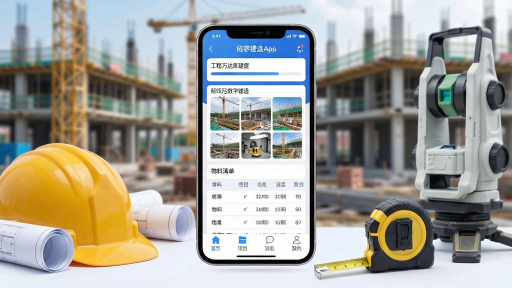 һ��չʾ��γ������ֽ���App���Ĺ��ܵ��ֻ�����ϳ�ͼ������������һ���ִ������ֻ�����Ļ��ʾ��γ������ֽ���App�������棬����������ɫ��Ϊ���������й��̽��������м���ʩ���ֳ���Ƭ����ͼ�������嵥���񣬵ײ��С���ҳ������Ŀ������Ϣ�����ҵġ��ĸ�ѡ����ֻ���Χ�����Ź��̰�ȫñ��ͼֽ�������ߺ�ȫվ�ǵ�ʩ��Ԫ�أ��������黯�Ľ������س���������ִ��Ƽ��У�ϸ������Բ�󣬻��ʸɾ��������޶�������Ԫ��