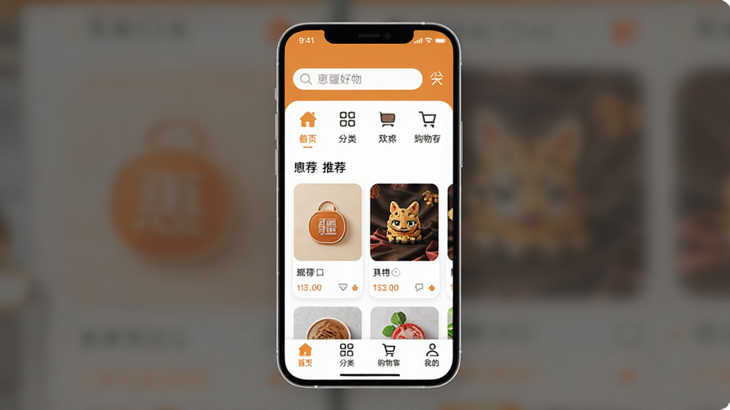 惠疆好物App主界面展示,画面中央是手机屏幕,屏幕内显示惠疆好物首页,顶部搜索栏和分类图标清晰可见,中间是商品推荐卡片横向排列,底部导航栏有首页、分类、购物车、我的四个选项,整体配色以暖橙色和白色为主,风格清新简洁,细节圆润,画质干净,无多余元素
