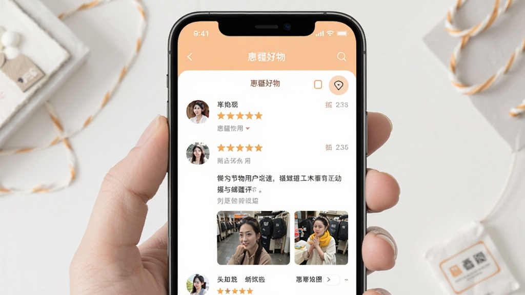 惠疆好物用户评价页面,手机屏幕内显示商品详情页下方的评价区域,有用户头像、星级评分、文字评价和晒图,评价内容真实自然,界面整洁,配色以白色和浅橙色为主,风格清爽,画质干净,无多余元素