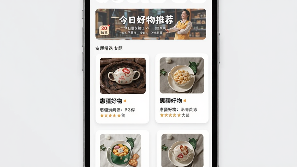 惠疆好物每日精选专题页面,画面展示手机屏幕内惠疆好物的专题推荐界面,上方横幅写着今日好物推荐,下方是两列商品卡片,每张卡片有商品图片、名称和简短评价,背景是浅灰色,卡片白色圆角,风格现代扁平,画质干净,无多余元素