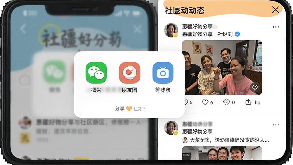 惠疆好物分享与社区互动界面,手机屏幕内显示分享弹窗和社区动态列表,分享弹窗有微信、朋友圈等图标,社区动态有用户晒单图片和文字,界面配色活泼,风格轻松,画质干净,无多余元素