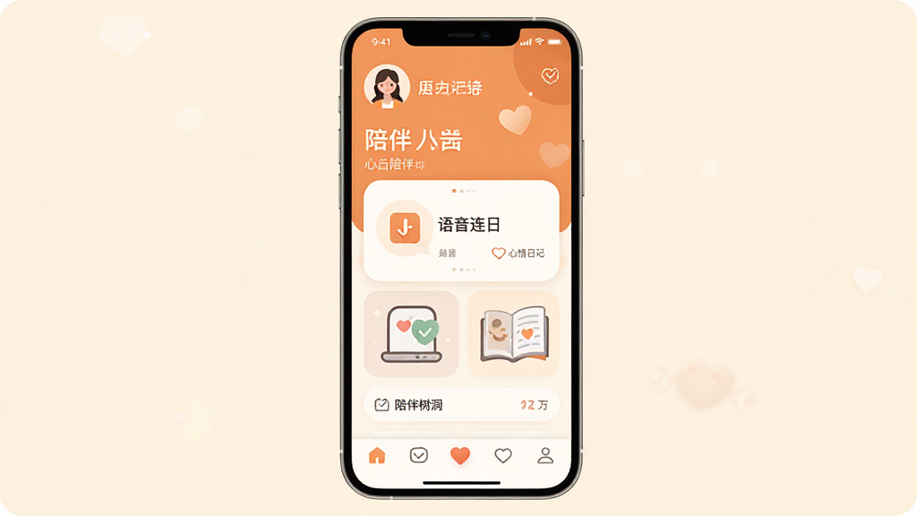 半圆陪伴App主界面全貌展示,整体采用暖色调设计,布局简洁清晰,顶部显示用户头像和问候语,中间是功能卡片区域,包含语音连麦、心情日记、陪伴树洞等入口,底部为导航栏,风格温馨治愈,画质干净,无多余元素