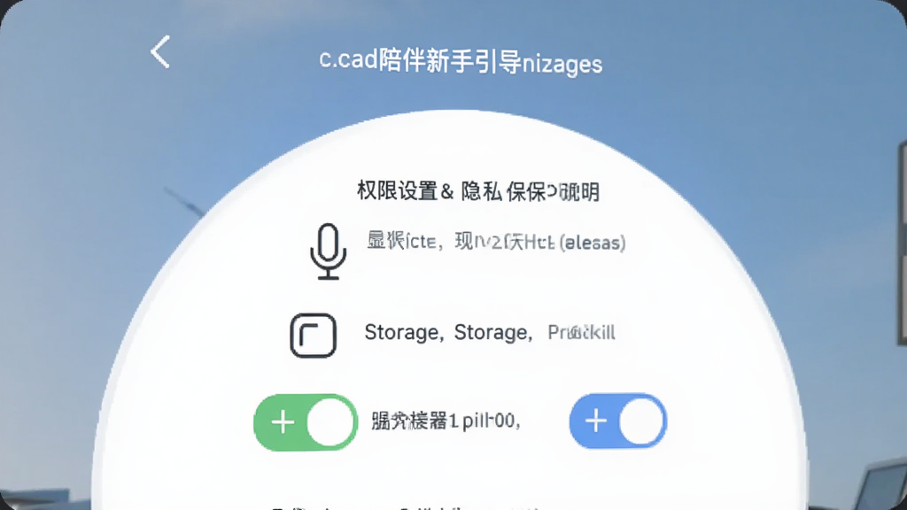 半圆陪伴新手引导页面,展示权限设置和隐私保护说明的界面,包含麦克风、存储等权限开关,界面设计简洁明了,有清晰的文字提示和图标,风格现代扁平,画质干净