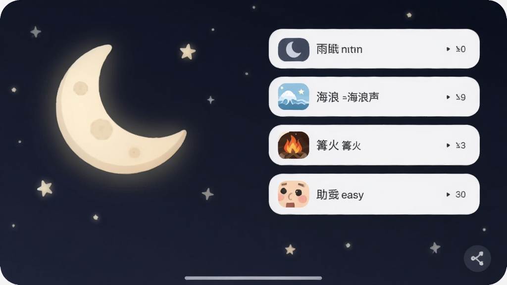 半圆陪伴夜间模式界面,深色背景搭配柔和的月亮和星星装饰,展示助眠白噪音播放列表,包括雨声、海浪声、篝火声等选项,界面安静舒适,画质清晰,无多余元素