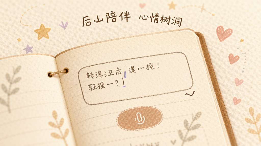 半圆陪伴心情树洞界面,展示手写风格的日记本页面,上面有文字输入框和语音录制按钮,背景是淡雅的纸张纹理,周围点缀着小星星和爱心元素,整体氛围温馨安静,画质细腻