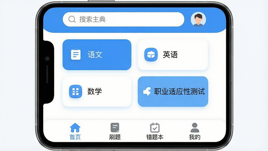 一张手机屏幕展示“单招宝典”APP主界面,界面顶部有搜索框和用户头像,中间是语文、数学、英语、职业适应性测试四大题库卡片入口,底部导航栏有首页、刷题、错题本、我的四个图标,整体配色为清新的蓝白色调,布局简洁明了,风格现代扁平化,细节圆润,画质干净清晰无多余元素