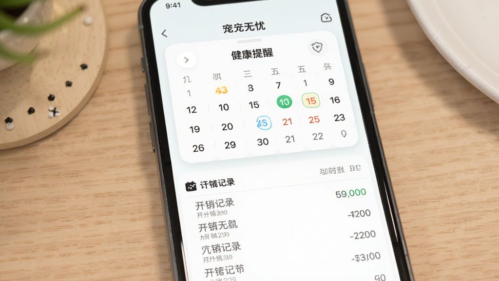 Pet无忧软件健康提醒与记账功能界面,主体为手机屏幕显示日历提醒和账单列表,布局为上方日历模块,下方为开销记录条目,排版整齐,风格简约清新,细节图标清晰,画质干净,无多余元素