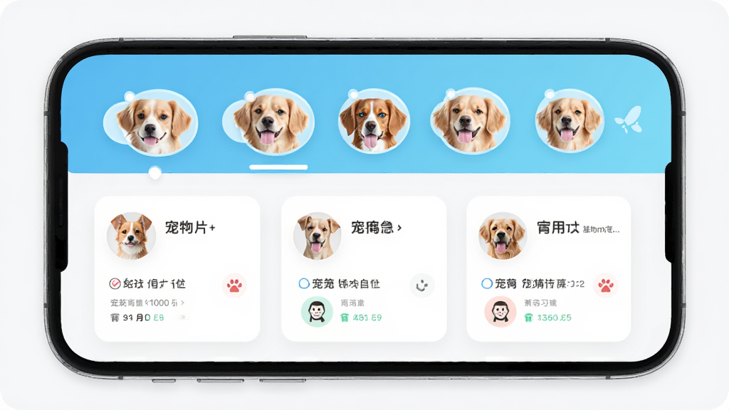 Pet无忧软件界面展示多只宠物档案管理功能,主体为手机屏幕显示宠物列表,布局为顶部宠物头像横向滑动,中间为每只宠物的基本信息卡片,排版清晰,风格现代扁平化,细节圆润,画质干净,无多余元素