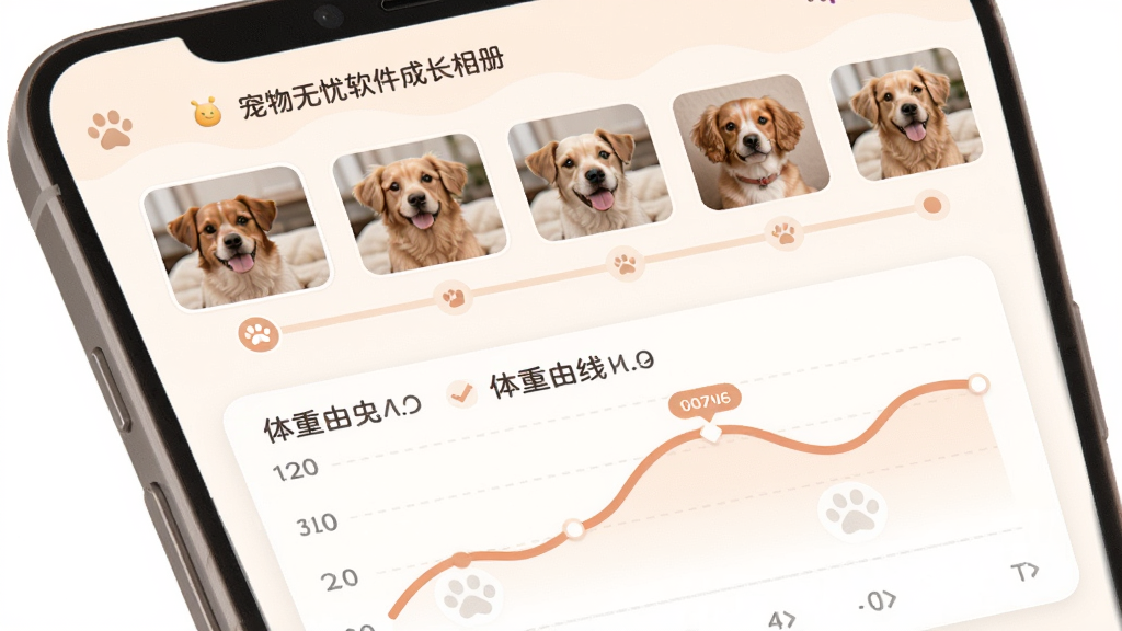 Pet无忧软件成长相册与体重曲线界面,主体为手机屏幕显示宠物照片时间轴和折线图,布局为上方相册缩略图,下方体重曲线图表,排版清晰,风格温馨可爱,细节圆润,画质干净,无多余元素