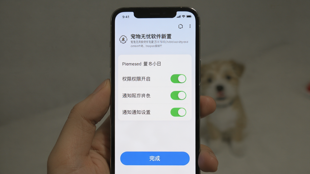 Pet无忧软件新手设置引导界面,主体为手机屏幕显示权限开启和通知设置页面,布局为顶部功能介绍,中间为权限开关列表,底部为完成按钮,排版简洁,风格清爽,细节图标明确,画质干净,无多余元素