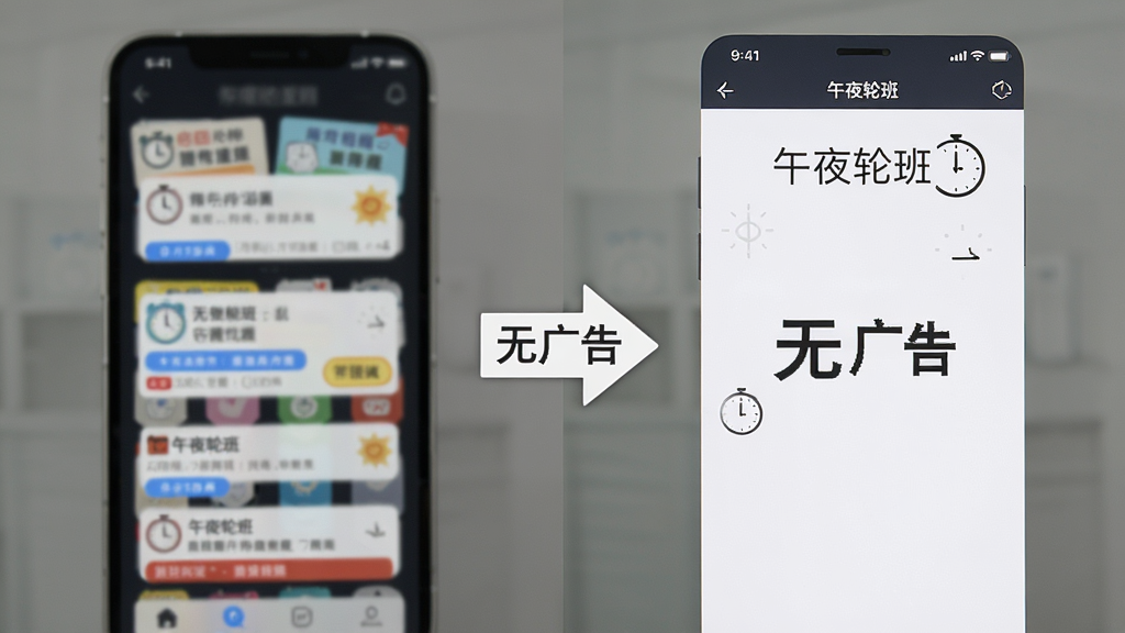 一张展示“午夜轮班”无广告纯净界面的对比图,左侧是模糊的、充满广告弹窗的手机屏幕示意图,右侧是“午夜轮班”清晰简洁的界面,中间用箭头连接,突出“无广告”的视觉感受,风格直观明了,背景为纯色,画质干净,无多余元素。
