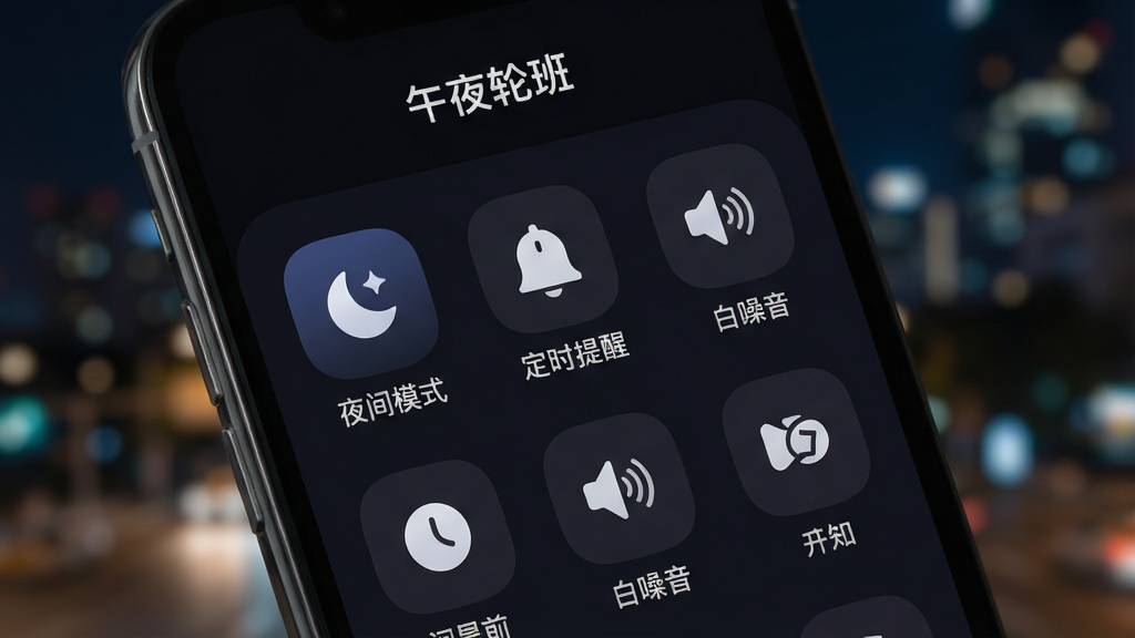 一张“午夜轮班”应用功能面板的特写图,画面主体是手机屏幕,屏幕内显示深色背景下的几个简洁图标和文字标签,如“夜间模式”、“定时提醒”、“白噪音”等,图标圆润,文字清晰,风格极简,背景为模糊的夜晚城市灯光,画质干净,无杂乱元素。