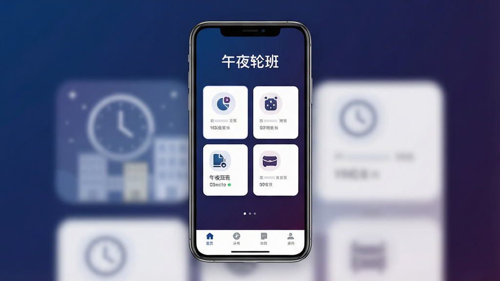 一张展示“午夜轮班”手机应用主界面的概念图,画面中央是一部竖屏手机,屏幕内显示深蓝与暗紫渐变背景,顶部有“午夜轮班”文字标识,中间是简洁的功能卡片布局,底部有导航栏,整体风格宁静、现代、扁平化,细节干净,无多余元素,高画质,适合作为应用下载落地页的头图。